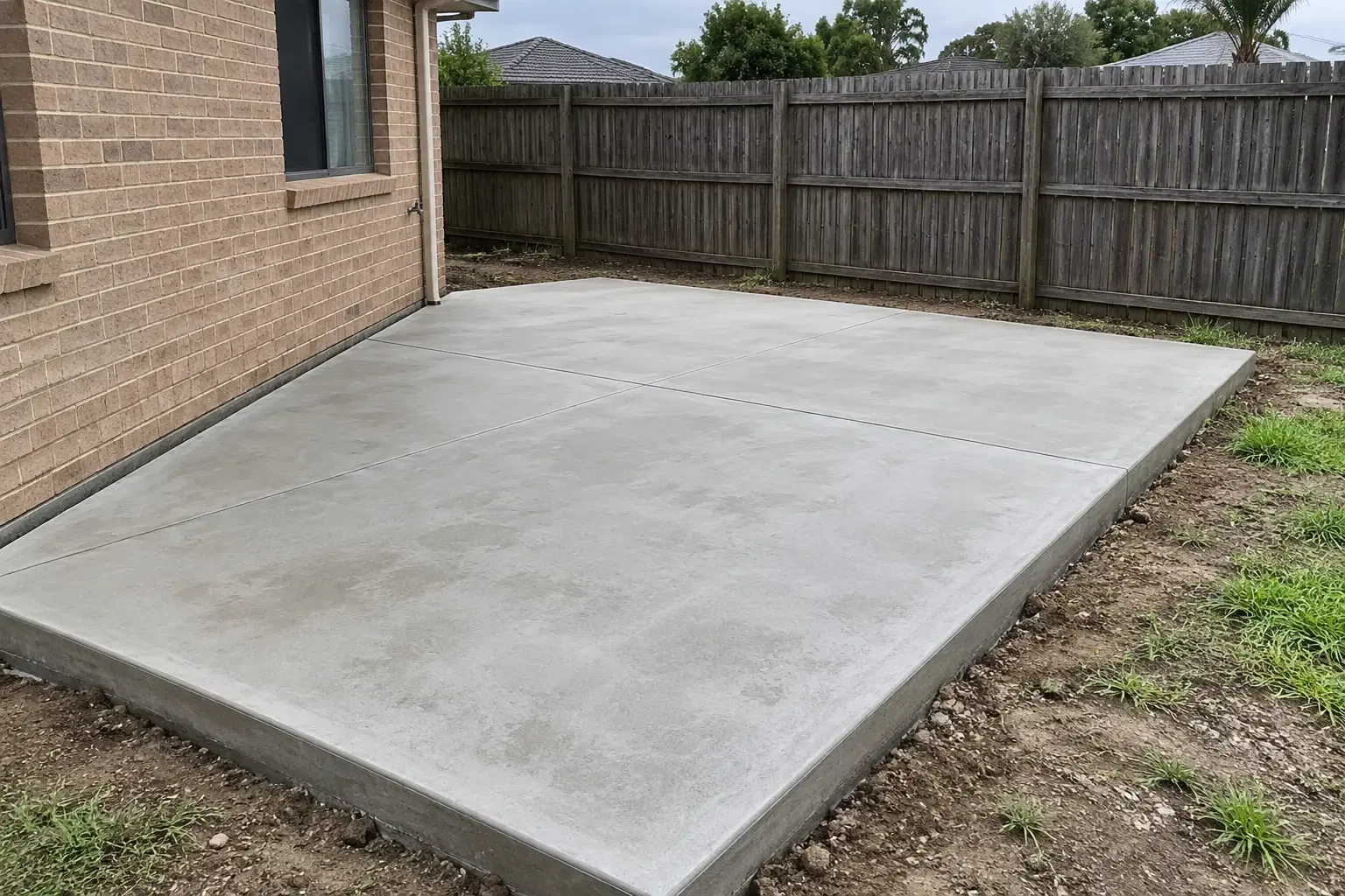 Design concept of a cured concrete patio slab beside a brick home