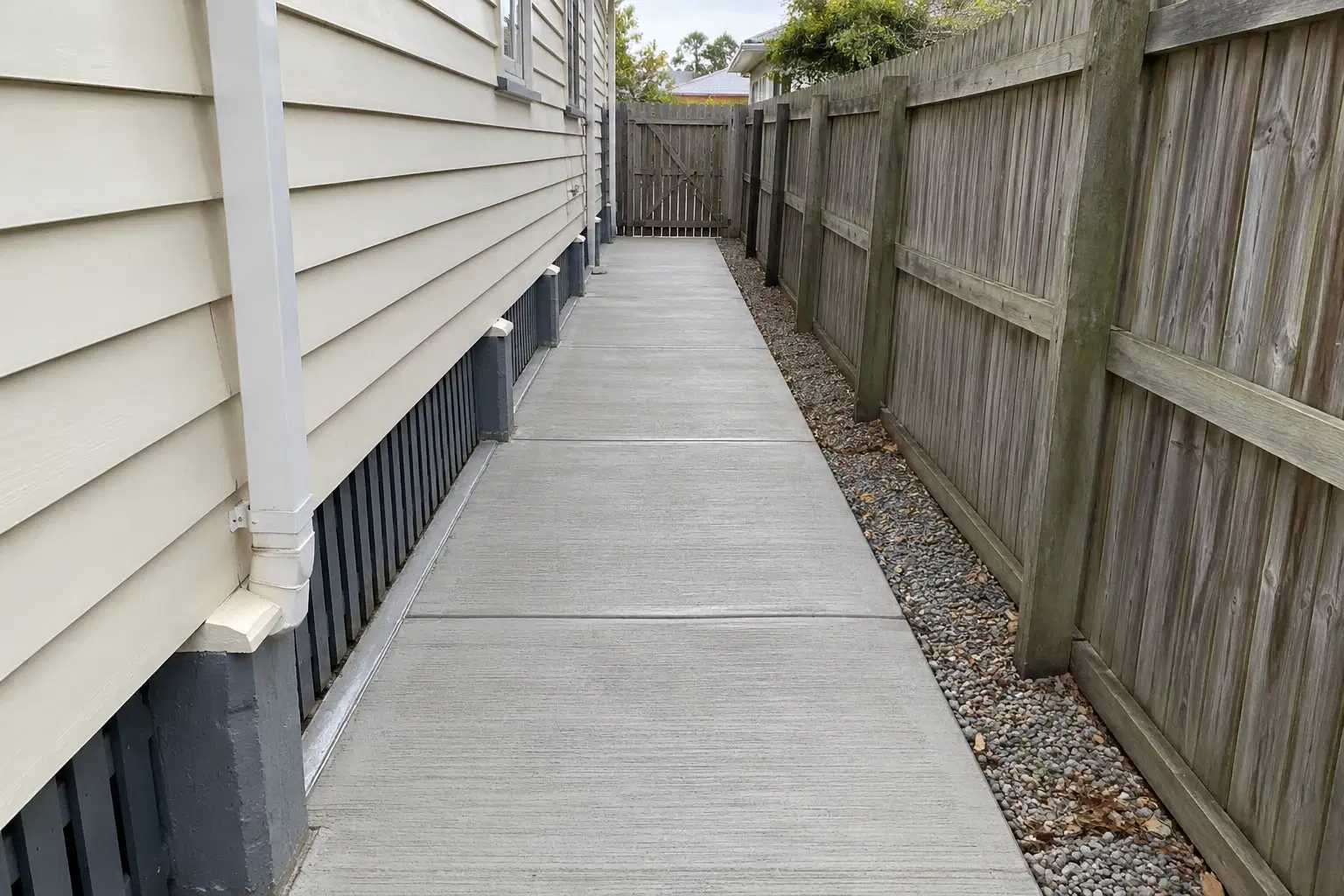 Design concept of a straight concrete side path beside a weatherboard home