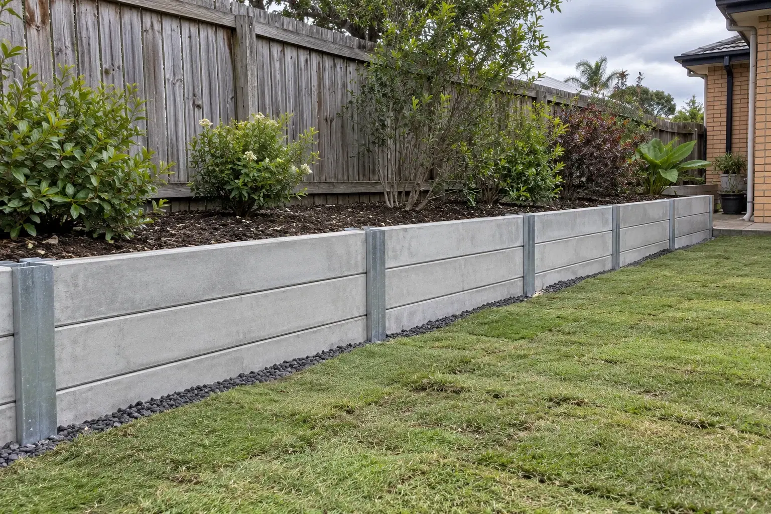 Design concept of a low concrete sleeper retaining wall with galvanised posts