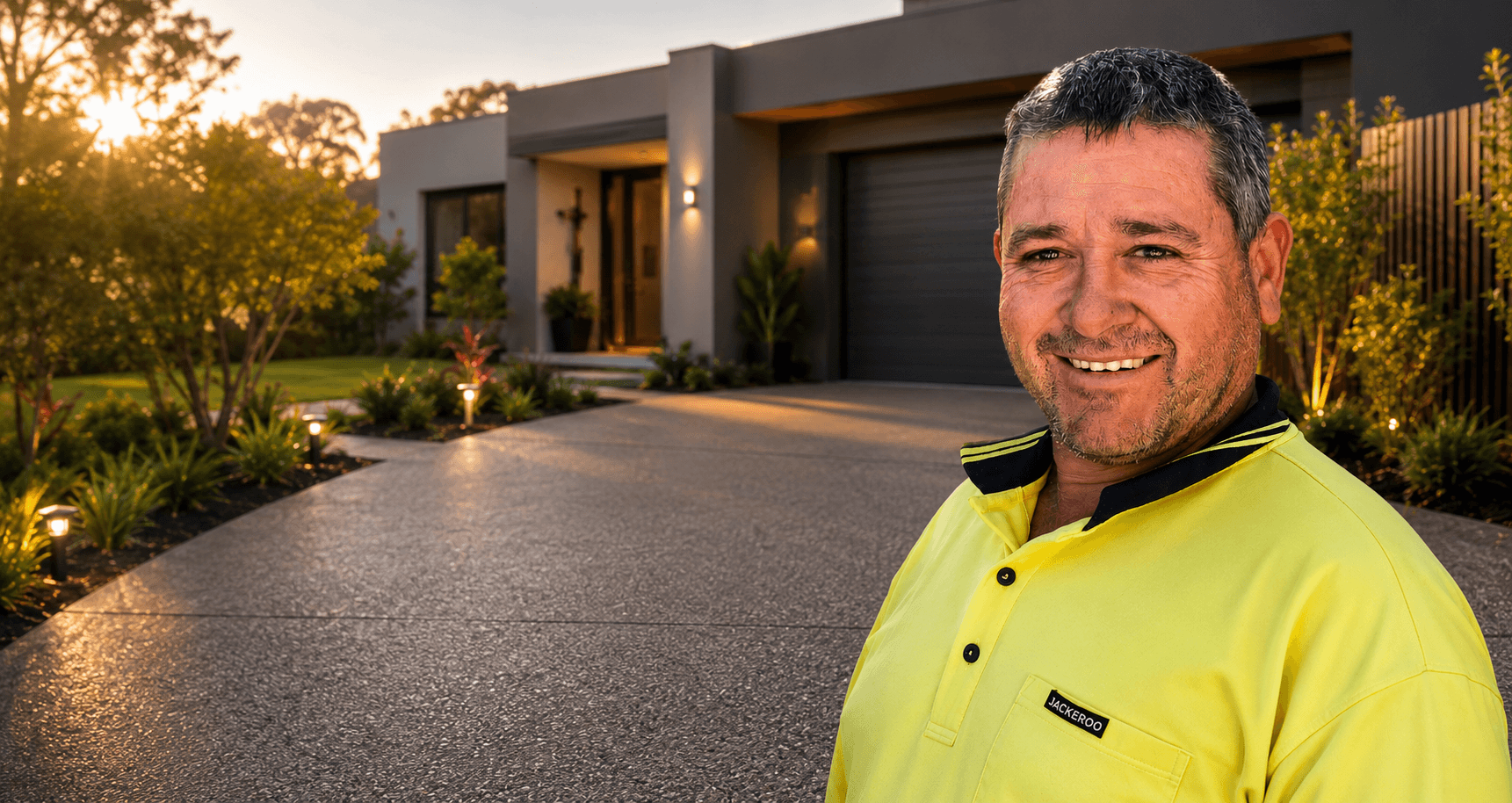 Mark standing beside a finished concrete driveway outside a modern home at sunset