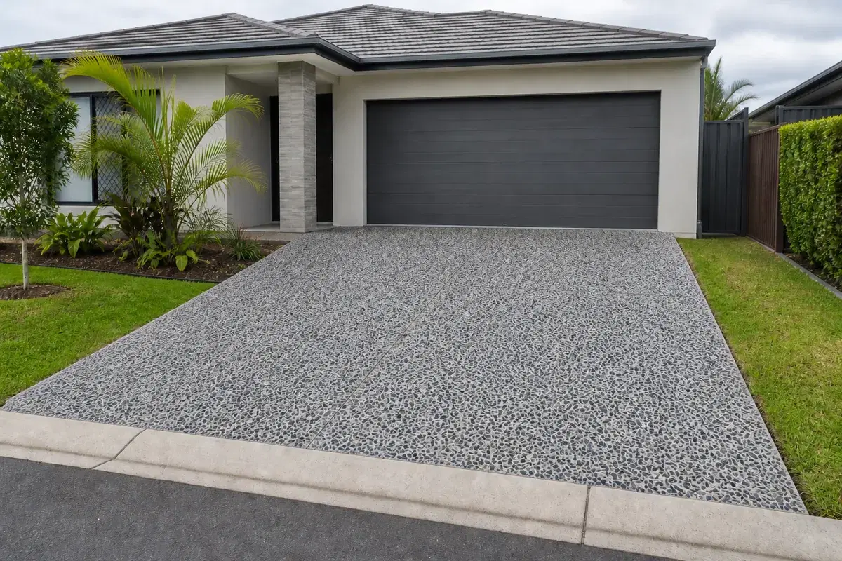 Driveway visualisation showing the Hy-Tec Dalmation 10 exposed aggregate colour at a Brisbane home