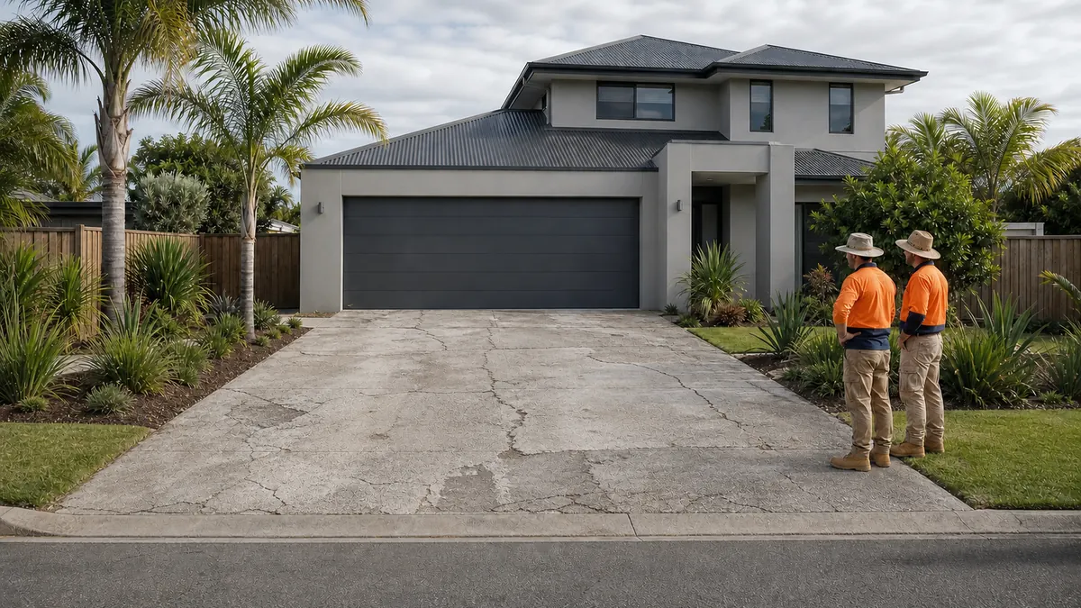 Animated sequence showing an existing concrete driveway being removed, the base prepared and reinforced, new concrete poured, and the finished driveway surface