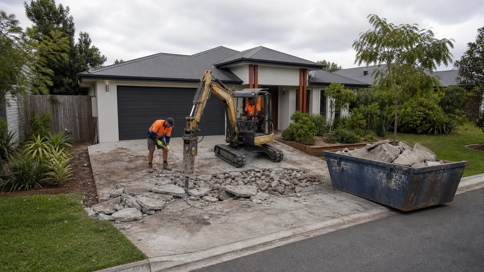 Animated sequence showing an old driveway removed, the base formed and reinforced, exposed aggregate concrete poured, then washed to reveal the stone finish and sealed